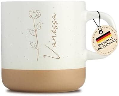 Gravur Tasse mit Namen - Personalisiert - Geschenk für Freundin  
Gravur Tasse mit Namen - Spülmaschinenfest - Blumenmot