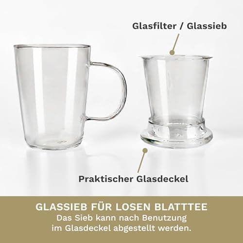 Creano Teeglas All-In-One, große Teetasse mit Sieb und Deckel aus Glas für Tee liebende Frauen und Männer bei jeder Gele