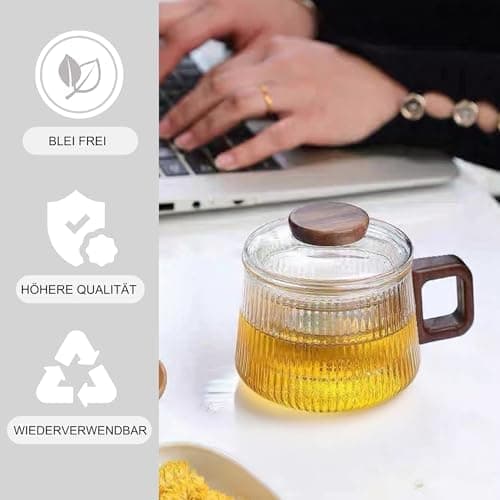 JanYoo Glas Teetasse mit Deckel und Sieb | Ideal für den Hausfrau | Für den Zuhause genossenen Tee | Transparent, 200ml,