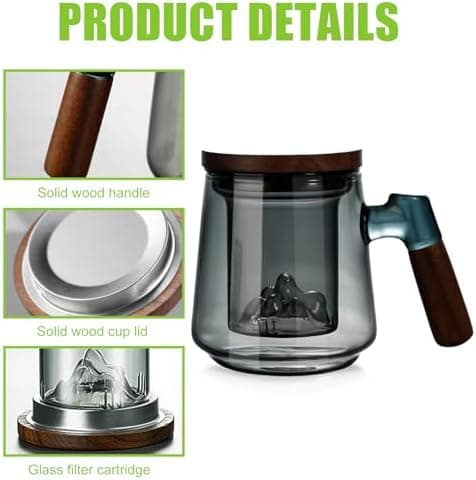 Teetasse mit Deckel und Sieb, 500ml Hitzebeständiges Borosilikat Glas, Geschenk für Tee-Liebhaber(Rauchgrau)  
Teetasse