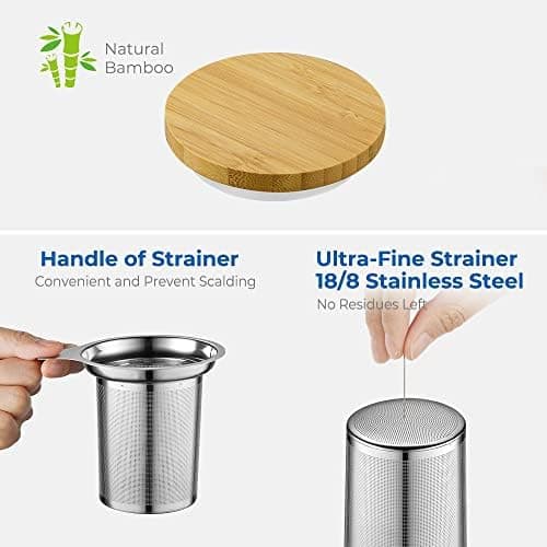 EcoOE 440 ml Borosilikat Teetasse mit Ultrafein Edelstahl Sieb und Natürlicher Bambus Deckel für Koffeinfreie Getränke