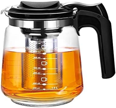 T24 Glas Teekanne mit Hitzebeständigem Edelstahl Filter für Losen Tee - 1250ml - Überhitzungsschutz und Siebeingebaust