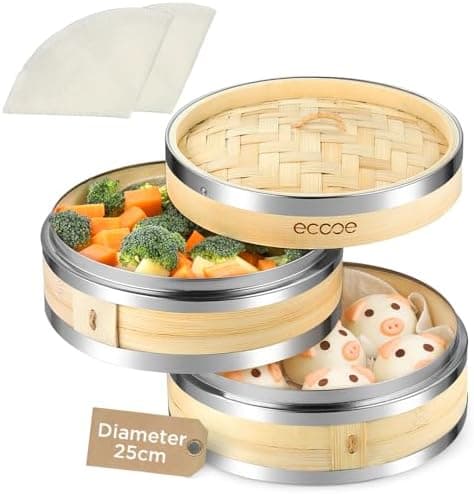 Ecooe 2 Etagen Bambusdämpfer mit verstärktem Edelstahllipt, perfekt für die whole family im Bad, Dämpfung von 25cm mit B