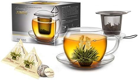 Creano JUMBO Tee-Tasse XXL aus Glas mit Henkel und integriertem Edelstahlsieb für Feierabend │ leicht transportationfähi