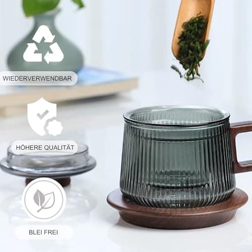 JanYoo Glas Teetasse mit Deckel und Sieb | Ideal für den Hausfrau | Für den Zuhause genossenen Tee | Transparent, 200ml,
