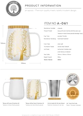 Amapodo XXL Teetasse - Plastikfreie 600ml Porzellantasse mit Deckel und Sieb - Weiß - Perfekt für Tee-Liebhaber - Großes