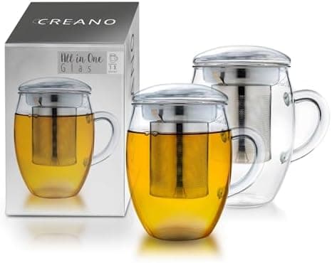 Creano Teeglas all in one 400ml - Große Teetasse mit Edelstahlsieb und Glasdeckel für echten Geschmack (1x 400ml)  
Crea