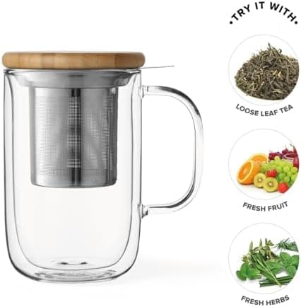 Viva Scandinavia Teetasse Glas Doppelwandig für Thermoglas und Tee-Verfeinerung, mit Edelstahl-Sieb und Bambus-Holz-Deck