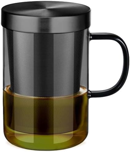 EcoOE 440 ml Borosilikat Teetasse mit Ultrafein Edelstahl Sieb und Natürlicher Bambus Deckel für Koffeinfreie Getränke