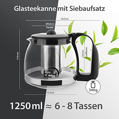 T24 Glas Teekanne mit Hitzebeständigem Edelstahl Filter für Losen Tee - 1250ml - Überhitzungsschutz und Siebeingebaust