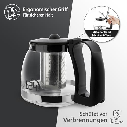 T24 Glas Teekanne mit Hitzebeständigem Edelstahl Filter für Losen Tee - 1250ml - Überhitzungsschutz und Siebeingebaust
