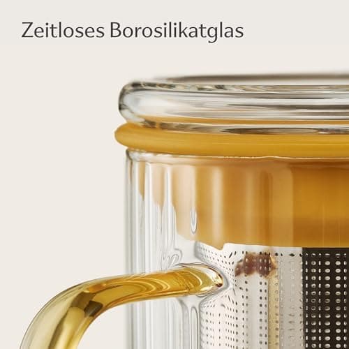 Cosumy Hitzebeständige Teetasse 450ml Schwarz - Farbgriff aus Borosilikat Glas mit Korkuntersetzer und Edelstahlfilter