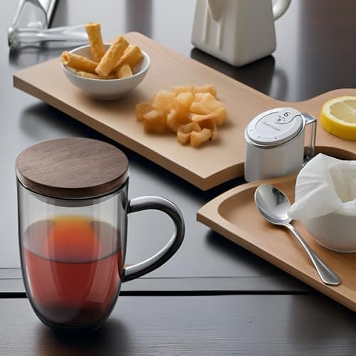 EcoOE 440 ml Borosilikat Teetasse mit Ultrafein Edelstahl Sieb und Natürlicher Bambus Deckel für Koffeinfreie Getränke