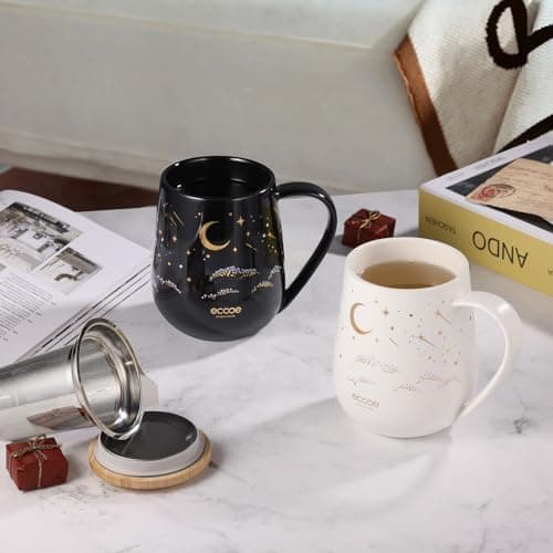Ecoe Teetasse mit Deckel und Sieb - 600 ml Keramik, Weiß, Große Teetasse mit Sieb und Deckel, Pärchen Geschenke - Weihna