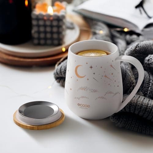 Ecoe Teetasse mit Deckel und Sieb - 600 ml Keramik, Weiß, Große Teetasse mit Sieb und Deckel, Pärchen Geschenke - Weihna