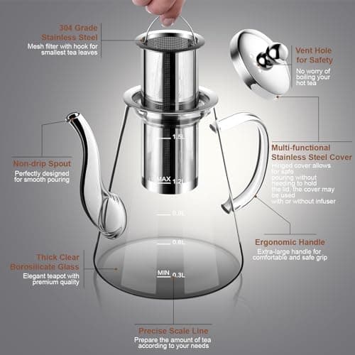 Zpose 1200ml Hitzebeständige Teekanne mit Edelstahl Filter und Sieb für cada Tee