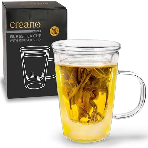 Creano Teeglas All-In-One, große Teetasse mit Sieb und Deckel aus Glas für Tee liebende Frauen und Männer bei jeder Gele