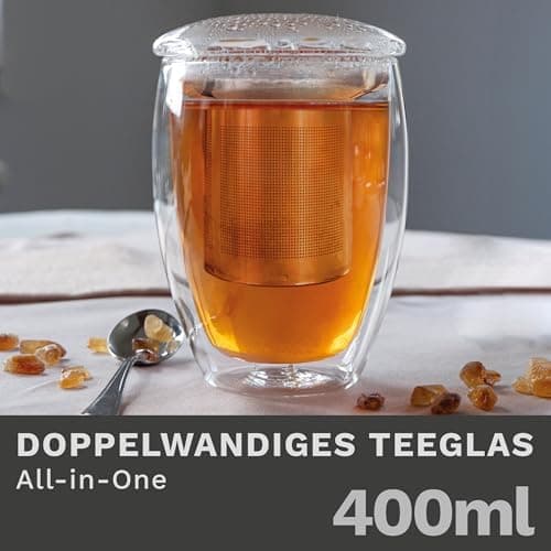 Creano Teeglas all in one 400ml - Große Teetasse mit Edelstahlsieb und Glasdeckel für echten Geschmack (1x 400ml)  
Crea