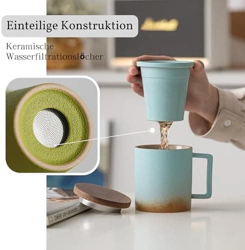 JanYoo Keramik Teetasse mit Deckel und Sieb für Teeliebhaber, 300ml Blooming Tea Geschenke
