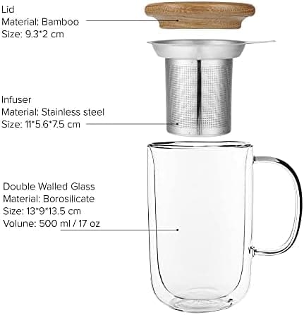 Viva Scandinavia Teetasse Glas Doppelwandig für Thermoglas und Tee-Verfeinerung, mit Edelstahl-Sieb und Bambus-Holz-Deck