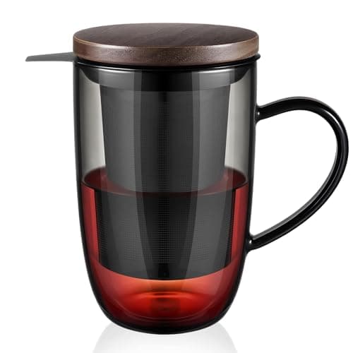 EcoOE 440 ml Borosilikat Teetasse mit Ultrafein Edelstahl Sieb und Natürlicher Bambus Deckel für Koffeinfreie Getränke