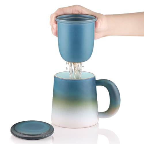 Ecoe TEETASSE Mit Teesieb Und Deckel, 420ml Keramik Tasse Für Losen Tee Große Teetassen Schwarz Und Weiß Gradienten Teeb