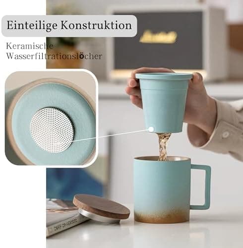 JanYoo Keramik Teetasse mit Deckel und Sieb für Teeliebhaber, 300ml Blooming Tea Geschenke