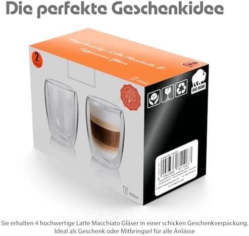 BigDean Doppelwandige Latte Macchiato Gläser 300 ml Geschenkverpackung
| BigDean Teetassen und Kaffeegläser 300 ml dopp