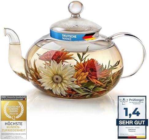 Dimono Mundgeblasene Teekanne mit Teefilter 600 ml perfekt für Teeblumen