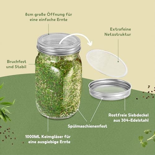 BEAR PAW® Sprossenglas 2er Set - 1000ml Keimglas für Sprossen Keimlinge - inkl. Bambushalterung & Abdunklungshüllen, Gra