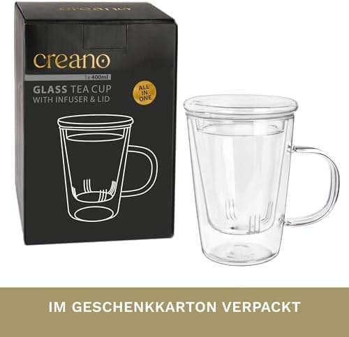Creano Teeglas All-In-One, große Teetasse mit Sieb und Deckel aus Glas für Tee liebende Frauen und Männer bei jeder Gele