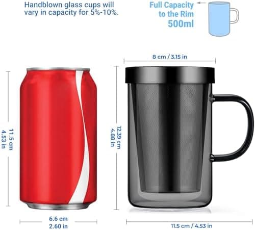 EcoOE 440 ml Borosilikat Teetasse mit Ultrafein Edelstahl Sieb und Natürlicher Bambus Deckel für Koffeinfreie Getränke