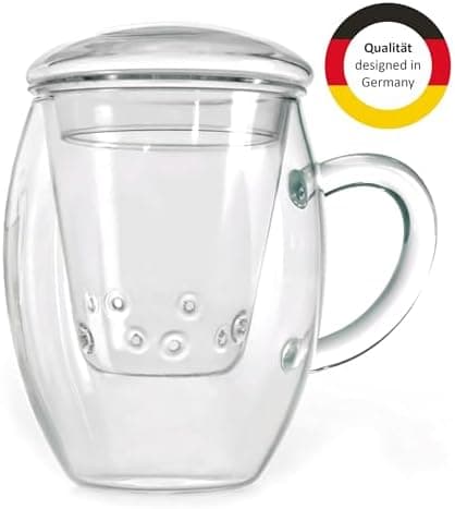 Creano Teeglas All-In-One, große Teetasse mit Sieb und Deckel aus Glas für Tee liebende Frauen und Männer bei jeder Gele