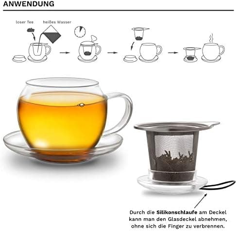 Creano JUMBO Tee-Tasse XXL aus Glas mit Henkel und integriertem Edelstahlsieb für Feierabend │ leicht transportationfähi