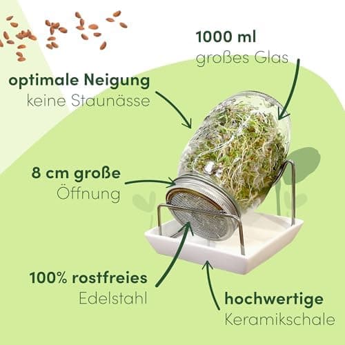 Original Sprossenglas 2er Set + KRESSESIEB + Saatgut-Set - Hochwertiges Edelstahl-Gitter, Ständer und Keramikschale [USA