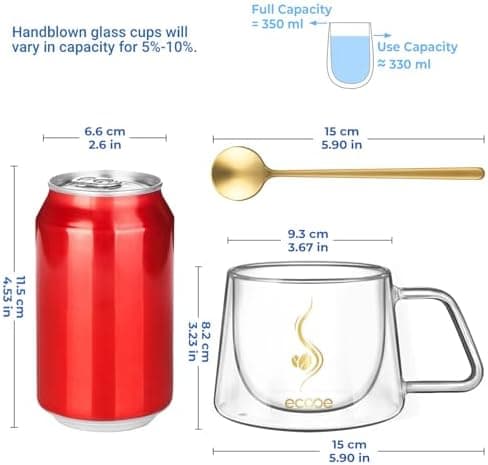 Ecoe Doppelwandige Kaffeegläser 350ml für Cappuccino und Tee, Borosilikatglas, Eis und Milch zu Hause und im Büro