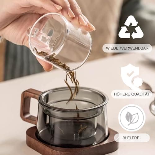 JanYoo Glas Teetasse mit Deckel und Sieb | Ideal für den Hausfrau | Für den Zuhause genossenen Tee | Transparent, 200ml,
