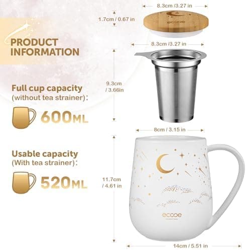 Ecoe Teetasse mit Deckel und Sieb - 600 ml Keramik, Weiß, Große Teetasse mit Sieb und Deckel, Pärchen Geschenke - Weihna