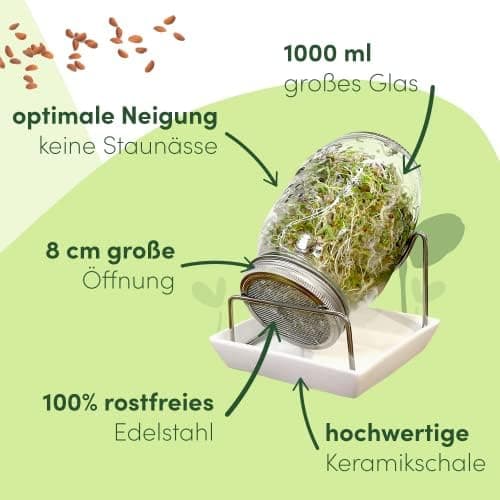 Original Sprossenglas 2er Set + KRESSESIEB + Saatgut-Set - Hochwertiges Edelstahl-Gitter, Ständer und Keramikschale [USA
