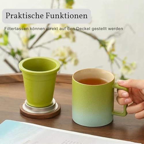 JanYoo Keramik Teetasse mit Deckel und Sieb für Teeliebhaber, 300ml Blooming Tea Geschenke