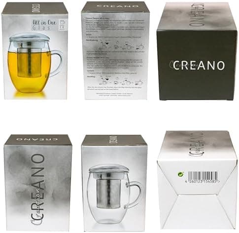 Creano Teeglas all in one 400ml - Große Teetasse mit Edelstahlsieb und Glasdeckel für echten Geschmack (1x 400ml)  
Crea