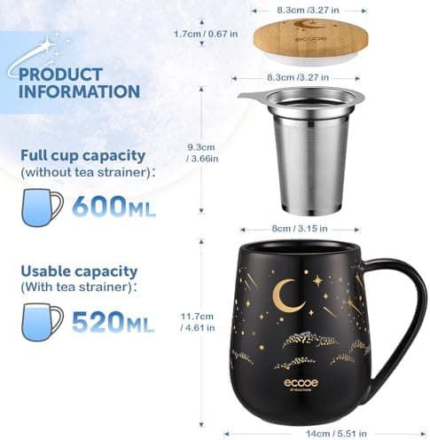 Ecoe Teetasse mit Deckel und Sieb - 600 ml Keramik, Weiß, Große Teetasse mit Sieb und Deckel, Pärchen Geschenke - Weihna