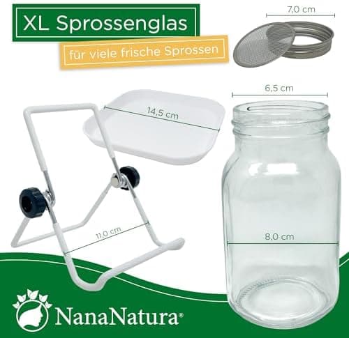 Nananatura Keimgläser Doppelpack | Perfekt zum Sprossen ziehen | 2er-Set inkl. Edelstahl-Gitterdeckel, Ständer & Schalen