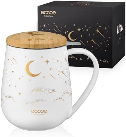 Ecoe Teetasse mit Deckel und Sieb - 600 ml Keramik, Weiß, Große Teetasse mit Sieb und Deckel, Pärchen Geschenke - Weihna