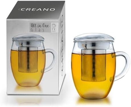 Creano Teeglas all in one 400ml - Große Teetasse mit Edelstahlsieb und Glasdeckel für echten Geschmack (1x 400ml)  
Crea