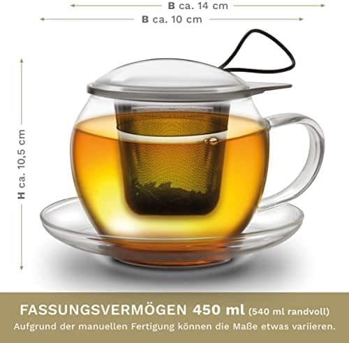 Creano JUMBO Tee-Tasse XXL aus Glas mit Henkel und integriertem Edelstahlsieb für Feierabend │ leicht transportationfähi