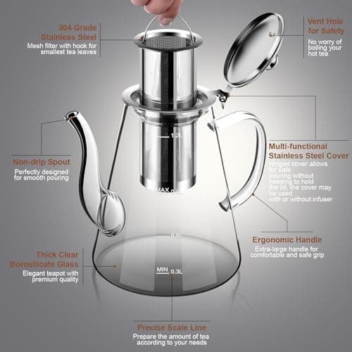 Zpose 1200ml Hitzebeständige Teekanne mit Edelstahl Filter und Sieb für cada Tee