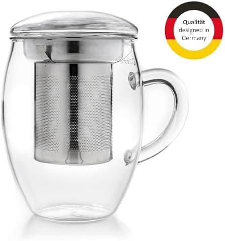 Creano Teeglas all in one 400ml - Große Teetasse mit Edelstahlsieb und Glasdeckel für echten Geschmack (1x 400ml)  
Crea