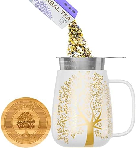 Amapodo XXL Teetasse - Plastikfreie 600ml Porzellantasse mit Deckel und Sieb - Weiß - Perfekt für Tee-Liebhaber - Großes