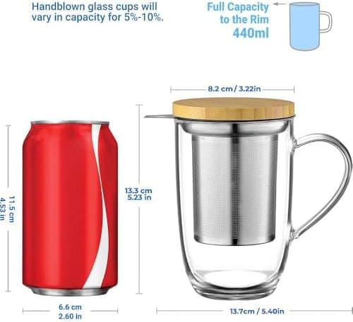 EcoOE 440 ml Borosilikat Teetasse mit Ultrafein Edelstahl Sieb und Natürlicher Bambus Deckel für Koffeinfreie Getränke